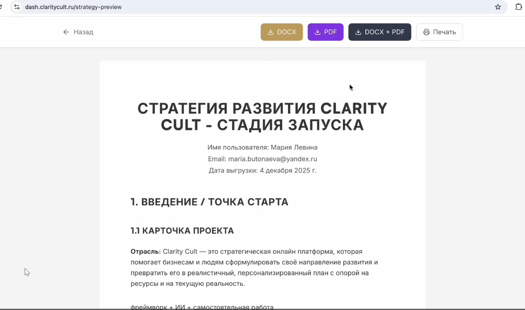 Экспорт результата готовой бизнес стратегии